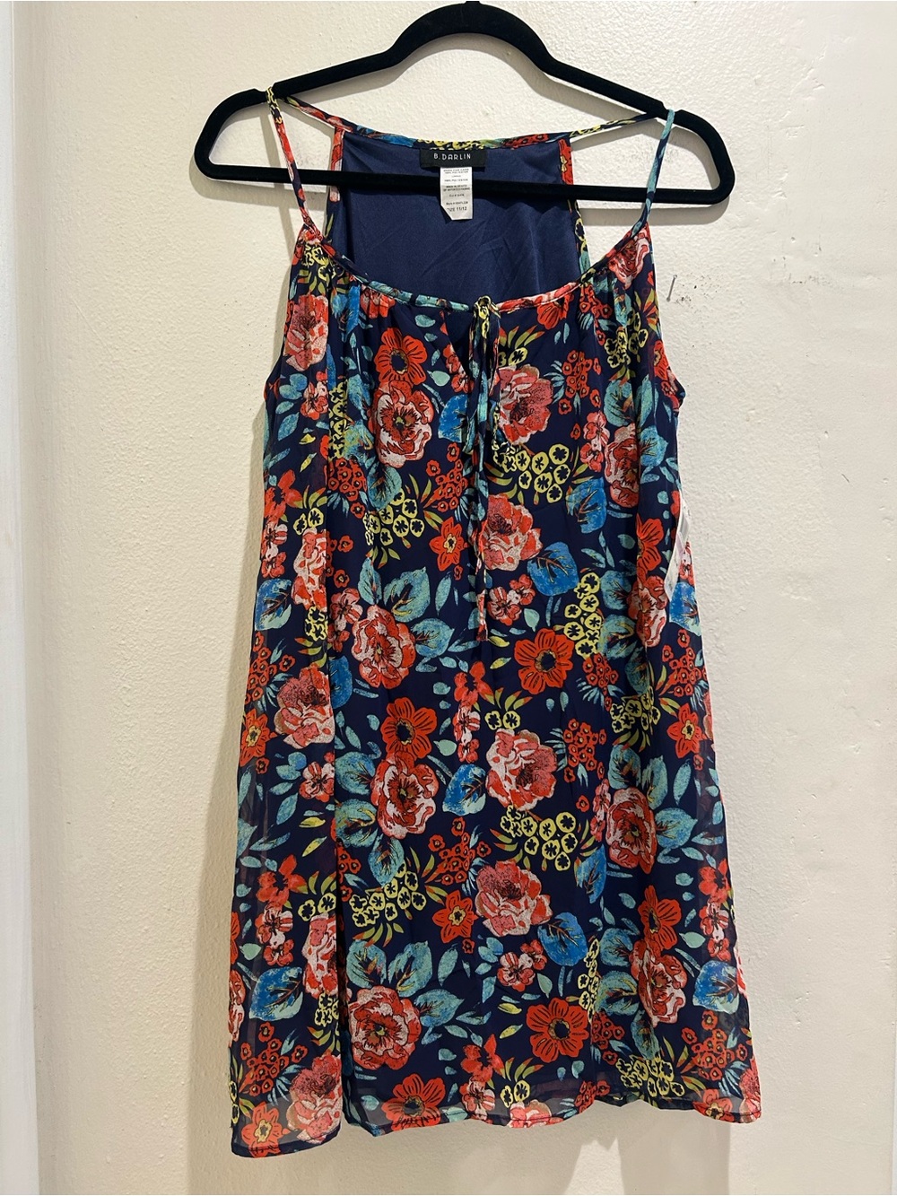 B Darlin Navy A-Line Skirt with Red, Teal & Yellow Floral Print
